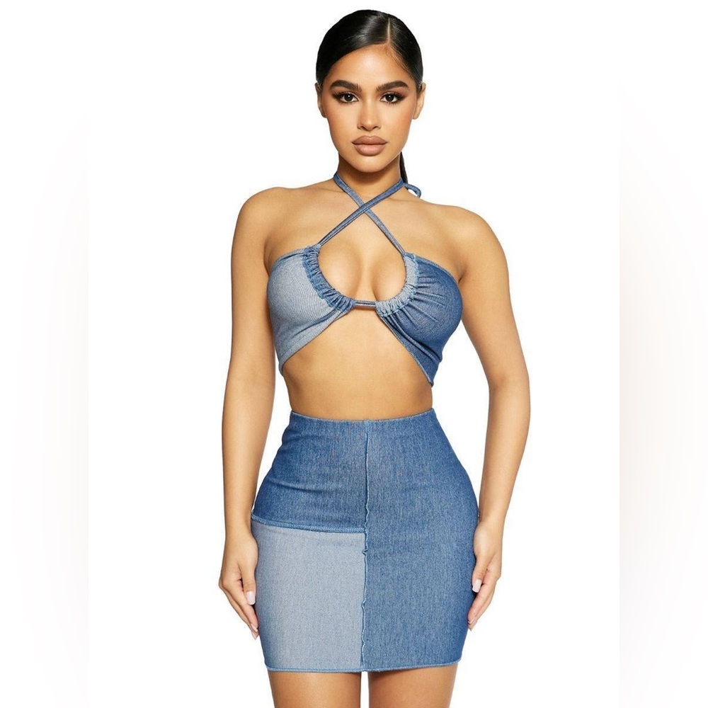 Naked Wardrobe The X Denim Crop Top & Dual Denim Mini Skirt Set